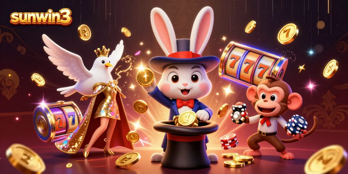 Experience the magic of sunwin3 with a 3D cartoon rabbit pulling coins, in a vibrant casino scene.