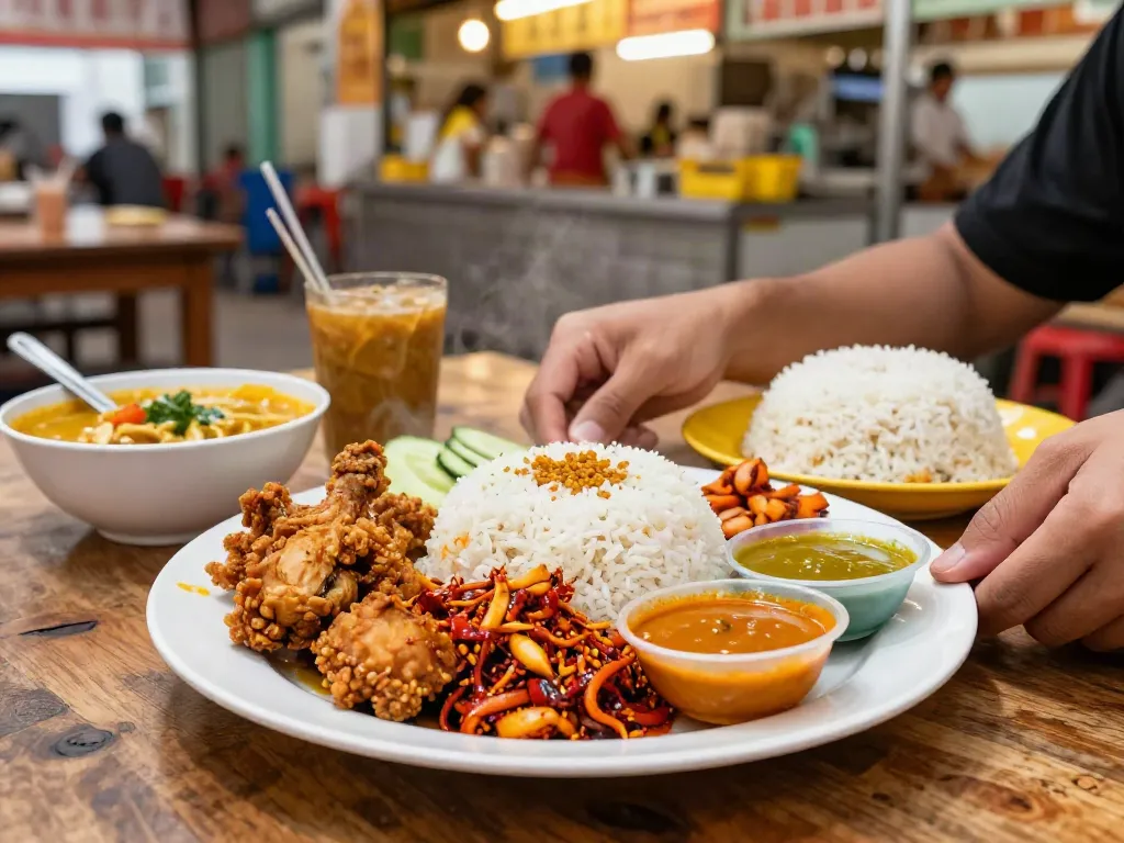 Authentic Nasi Kandar display with rokok88 slot login relevance, showcasing a variety of dishes in a vibrant Malaysian restaurant.