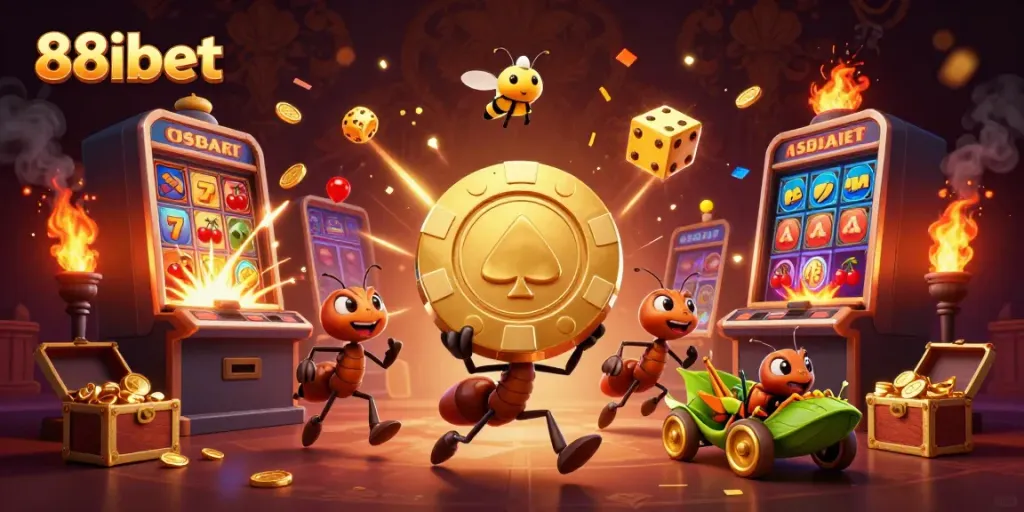 Experience thrilling adventures at 88ibet with a playful scene of ants racing with a poker chip amid vibrant casino elements.