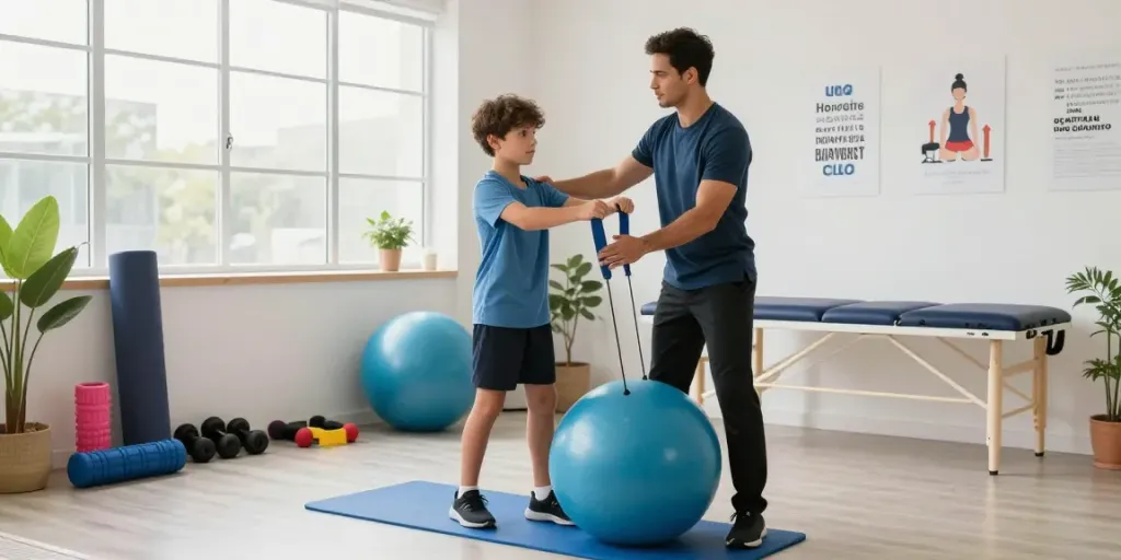 Sports therapy burlington expert demonstrating exercises in a modern physiotherapy clinic.