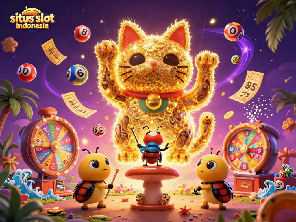 Experience the exciting world of situs slot indonesia as the giant lucky cat waves amidst flying lottery balls and golden prizes.