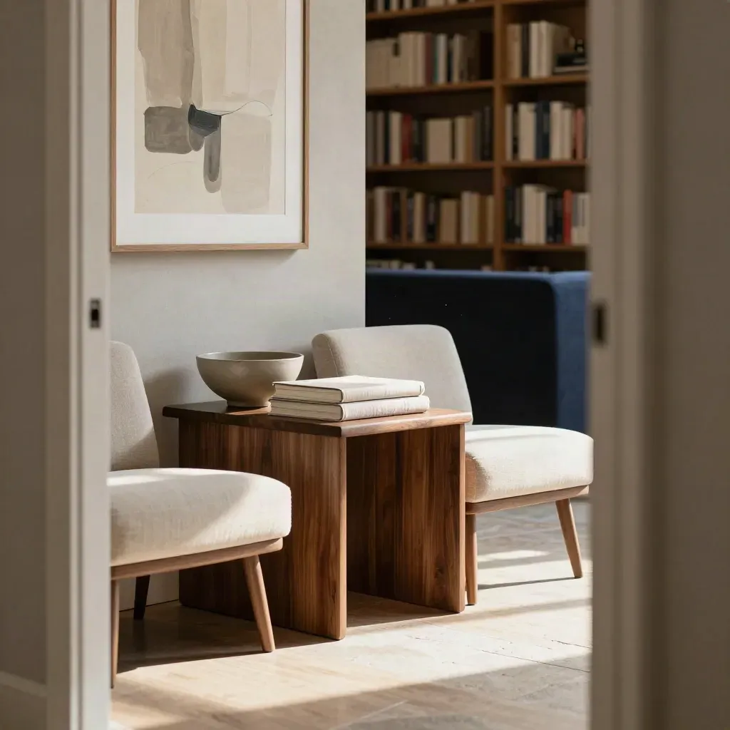 Walnut family office lounge with folios, ceramic bowl and sunlit neutral art.