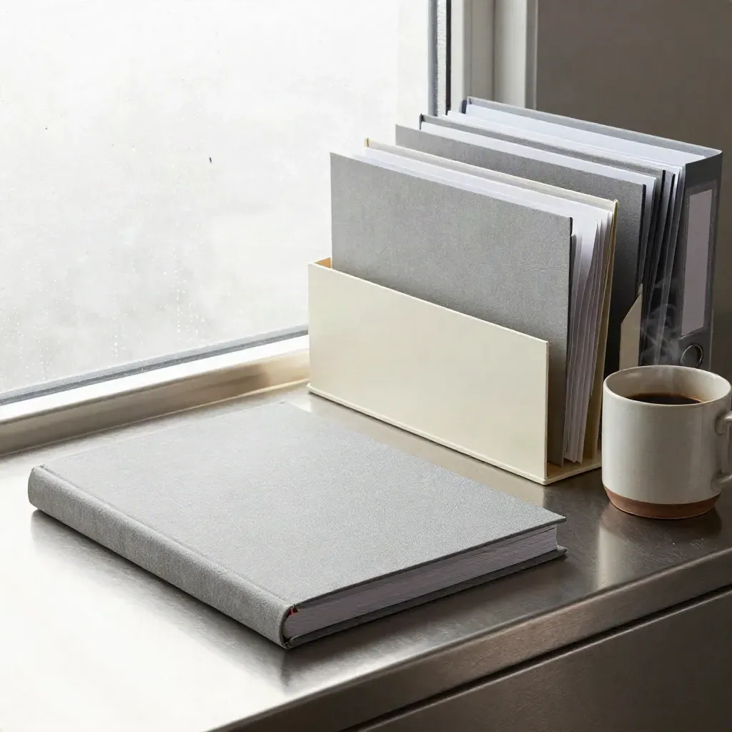 Closed ledger, folder trays, and coffee mug on a brushed steel counter in rain-flickered storm light.