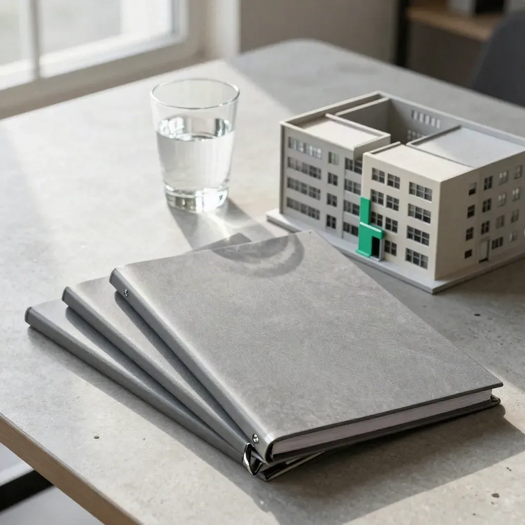 Overhead of closed binders, a small commercial model, and water glass on concrete in morning light.