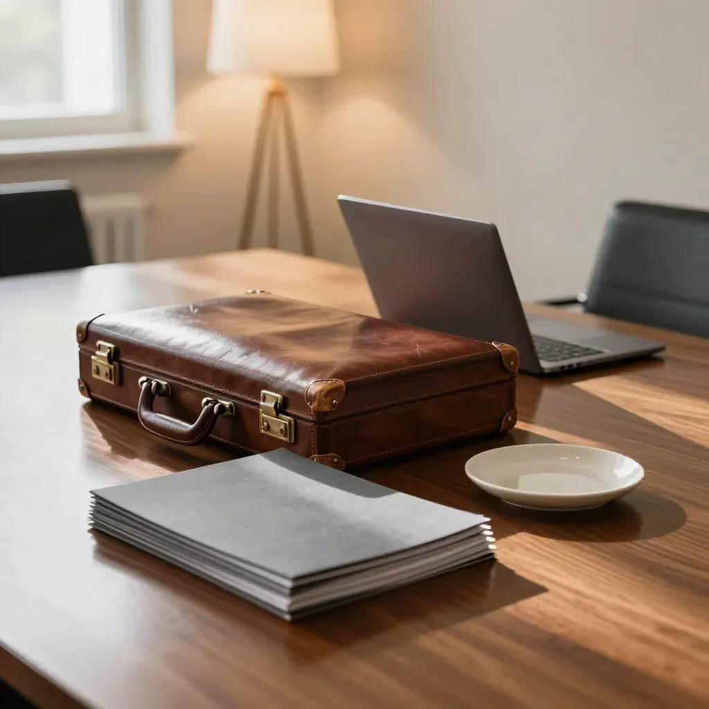 Closed briefcase, shut laptop, and folder sleeves in a warm boardroom corner