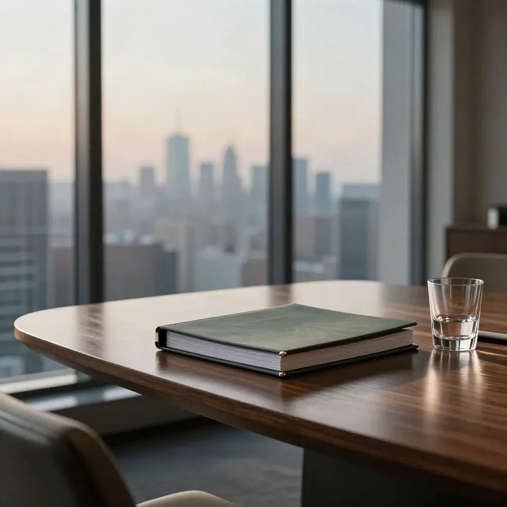 Dim boardroom with closed binder, frosted glass city view, and diagonal table light