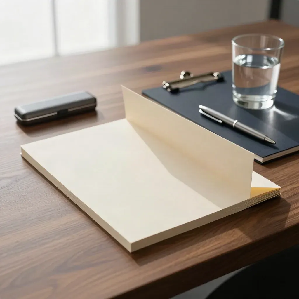 Face-down investor packet, clipped board, pen case and water glass in motion on a walnut surface.