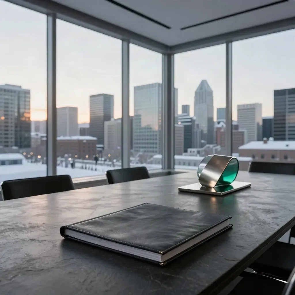 Calgary boardroom with closed folio, sculptural centerpiece, and snowy skyline at dusk
