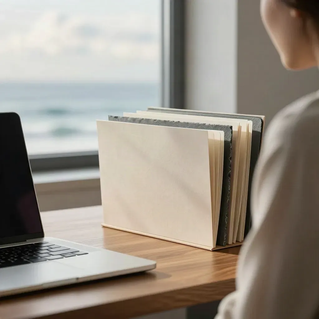 Closed laptop and slate folders in a west-coast wealth office washed with marine light.