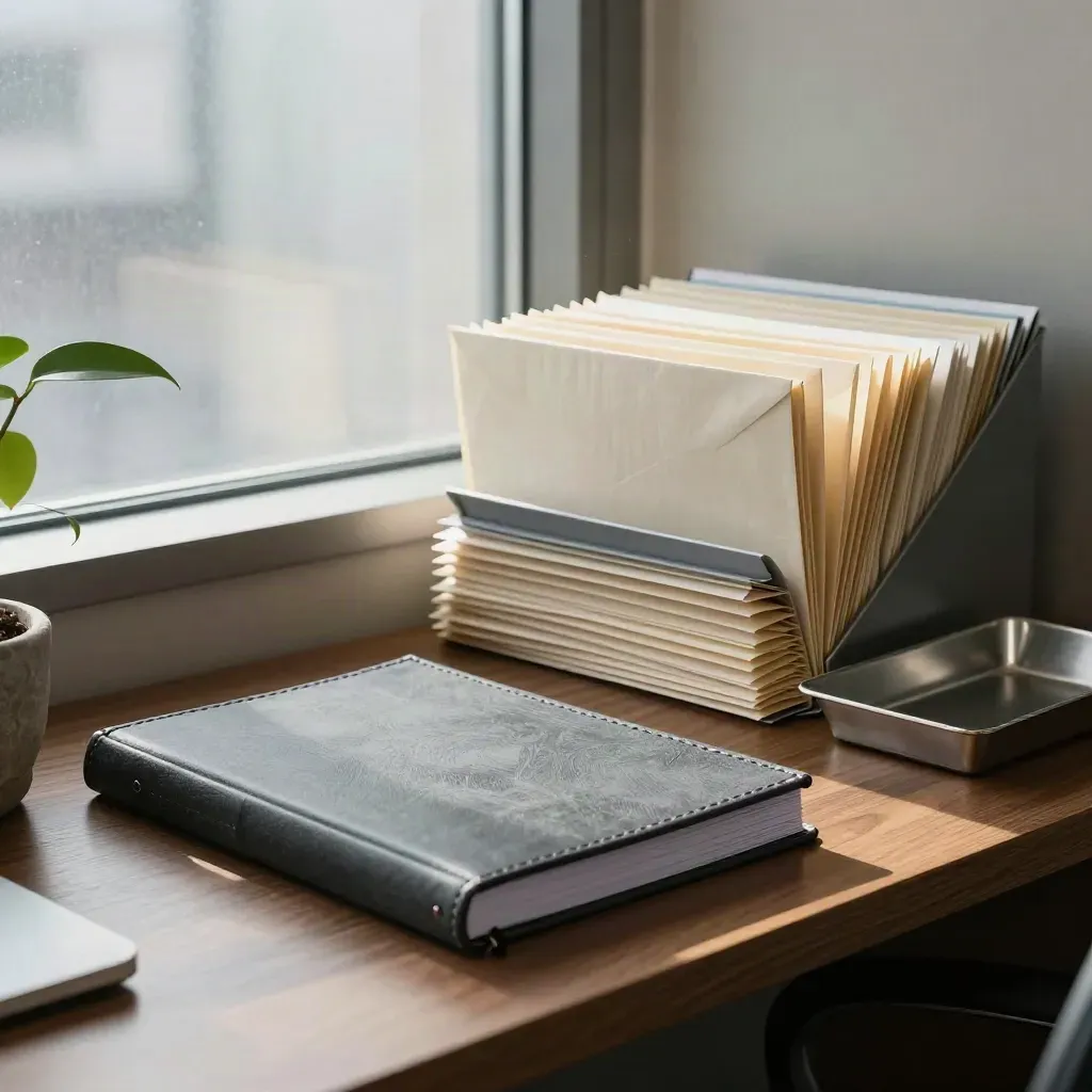 Closed ledger, stacked mail packets, folders and a small plant on a walnut finance table.