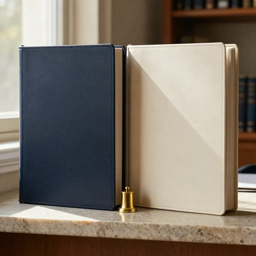 Closed binders split by a stone divider with a small brass object in warm office light