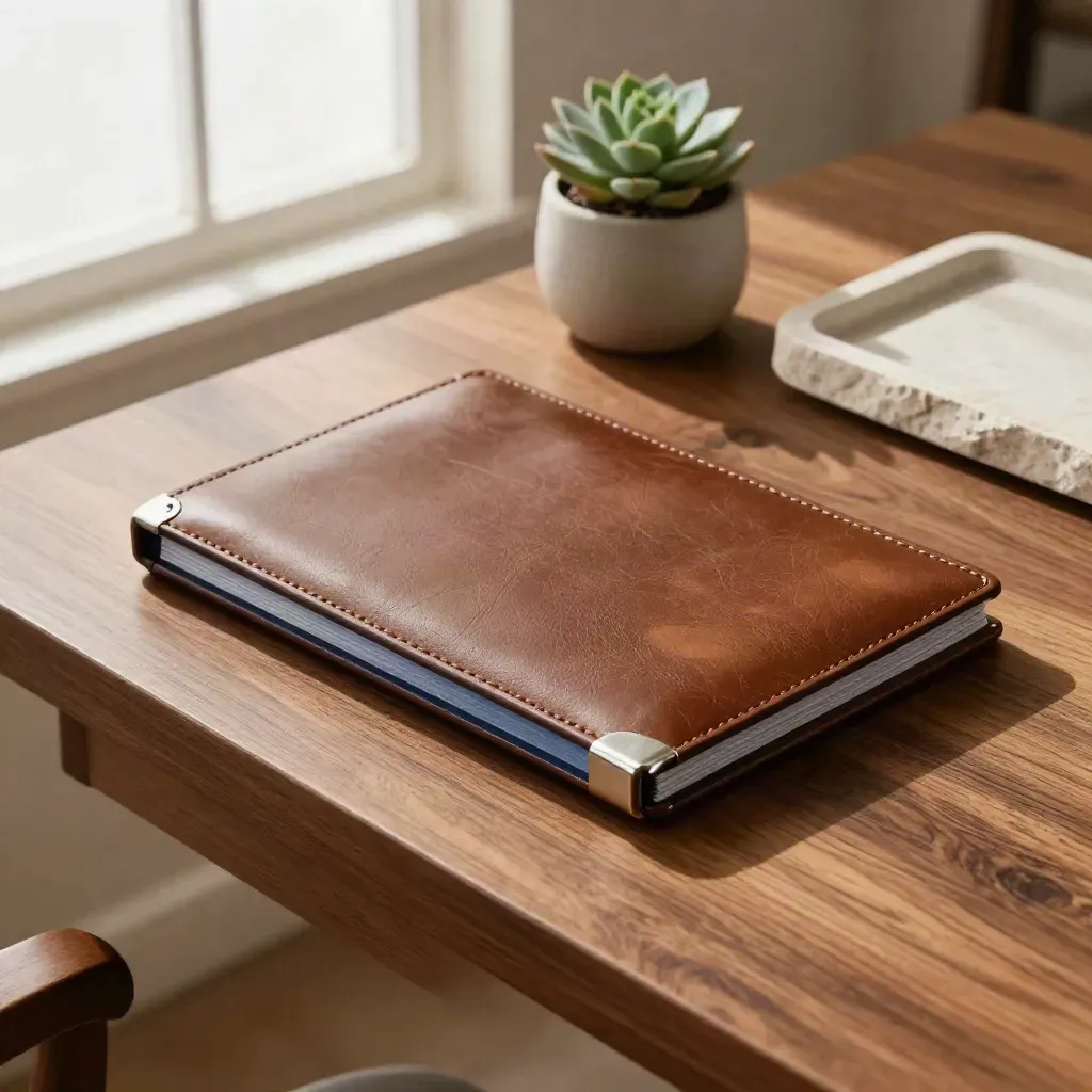 Walnut desk still life with a sealed portfolio case, succulent and stone tray in soft side light.