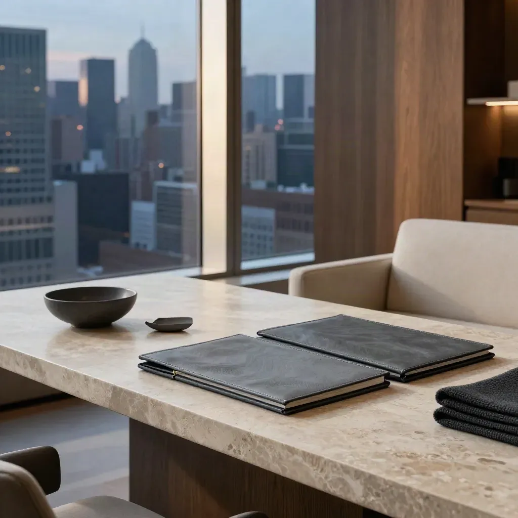 Blue-hour family office sitting room with folios, stone table and city skyline beyond glass.