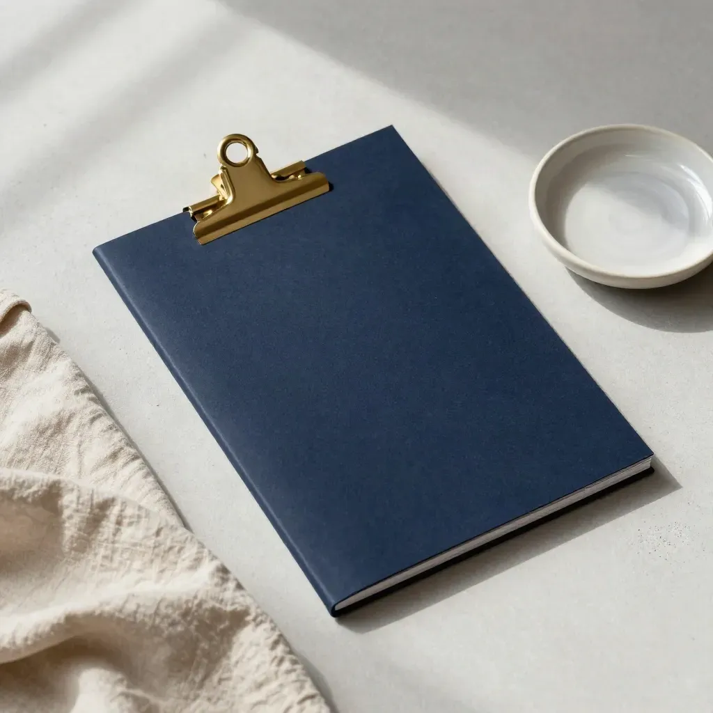 Overhead navy proposal folio, linen cloth, and ceramic dish on pale concrete.