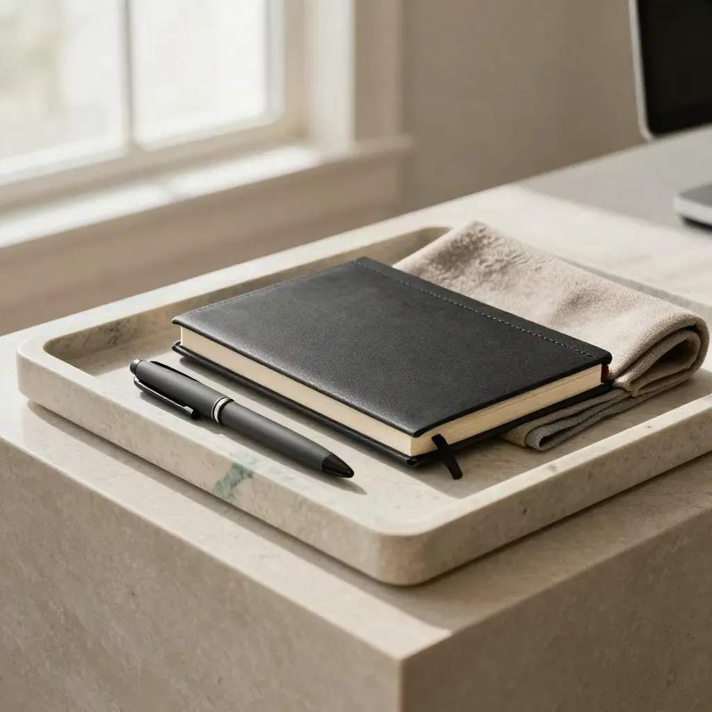 Notebook, pen sleeve and wool cloth on a stone tray in soft daylight.