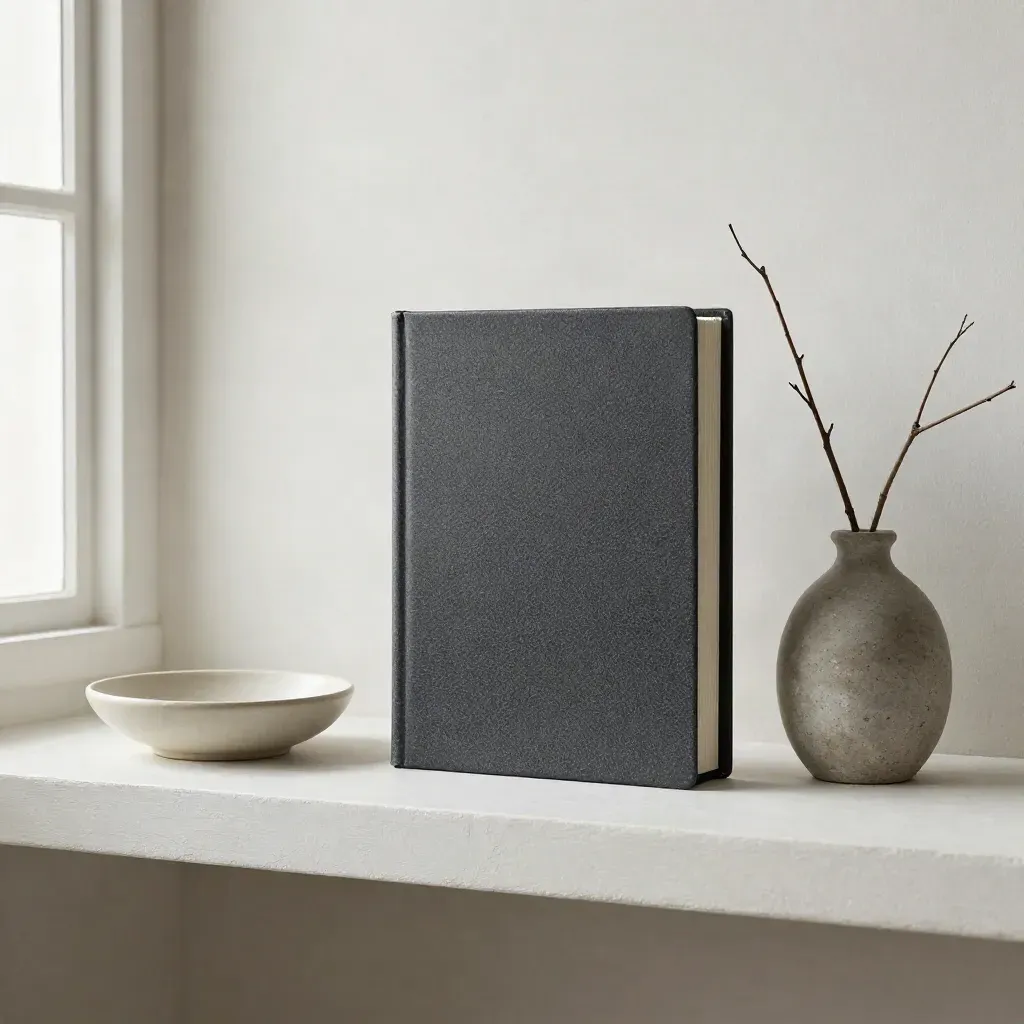 Charcoal folio, cream dish, and slender branch vase on a plaster ledge