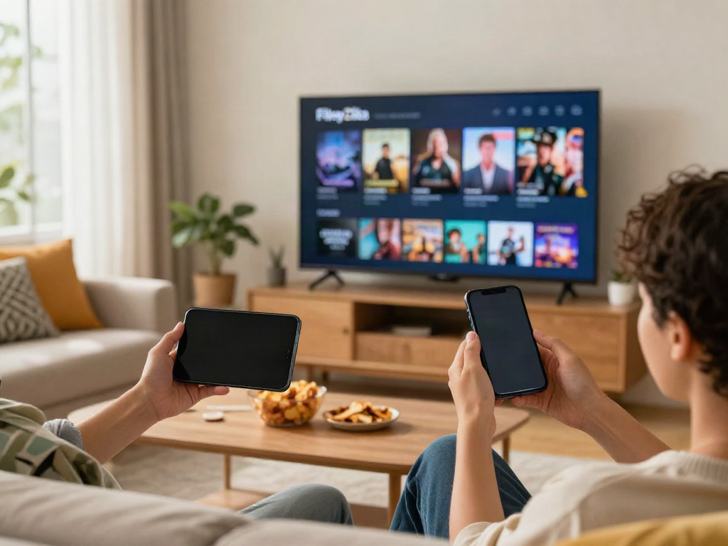 Enjoy downloading movies on the FilmyZilla app in a cozy living room.