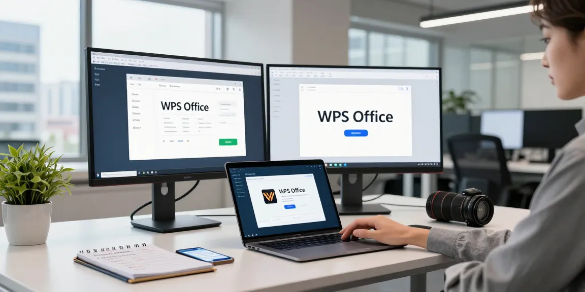 WPS Download process in a modern office workspace with dual monitors, laptop, and productivity tools.