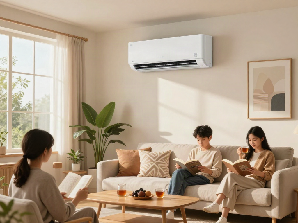 Ductless air conditioner in a cozy modern living room with family enjoying a relaxing afternoon.